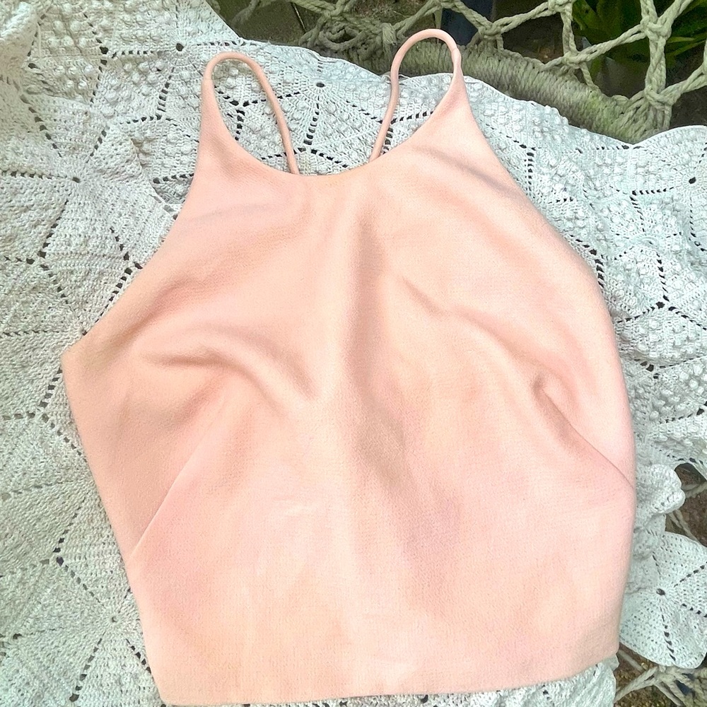 Light Pink cropped, almost back lace tank blouse